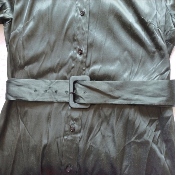 Zara Satin Effect Hunter Green Long Sleeve Belted Collared Midi Dress | sz M - Picture 11 of 15